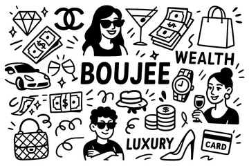 Boujee doodle composition with luxury lifestyle, fashion, money and glam symbols, Transparent Background