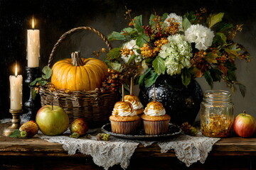 Colorful fall display featuring cupcakes, pumpkins, candles, and flowers on an old wooden table in a cozy setting