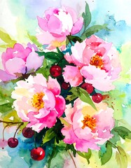Watercolor Peonies and Cherries