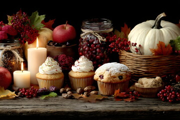 Festive autumn display with delicious baked goods, fresh fruits, and seasonal decorations for a cozy celebration