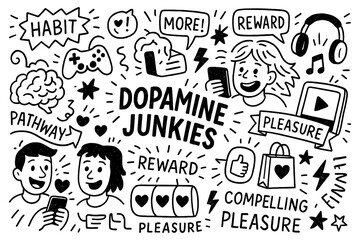 Dopamine junkies doodle composition with social media addiction, gaming, fast food and instant gratification symbols, Transparent Background