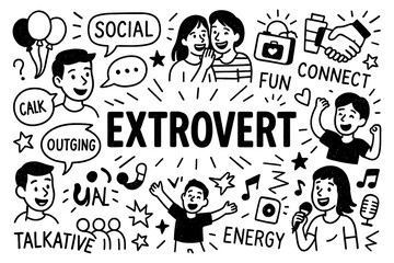 Extrovert doodle composition with social people, friends, party and energetic lifestyle symbols, Transparent Background