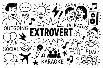 Extrovert doodle composition with social people, friends, party and energetic lifestyle symbols, Transparent Background