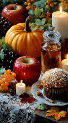 Autumn harvest display with fruits, candles, and baked goods highlighting seasonal celebration