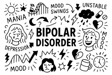 bipolar disorder concept with mania, depression and mood swings doodle icons, Transparent Background