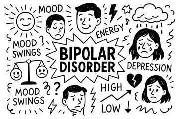 bipolar disorder concept with mania, depression and mood swings doodle icons, Transparent Background