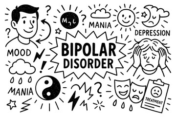 bipolar disorder concept with mania, depression and mood swings doodle icons, Transparent Background