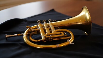 Obraz premium Brass trumpet with golden finish on dark fabric