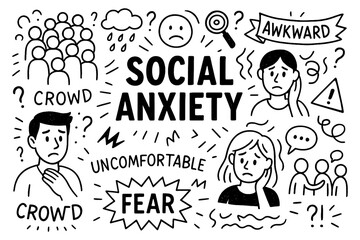 social anxiety concept with nervous faces, avoidance symbols and doodle style icons, Transparent Background