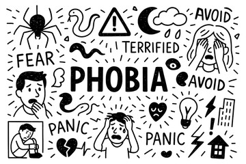 phobia concept with fearful faces, spiders, snakes and ghost doodle icons, Transparent Background
