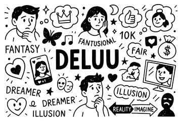 delulu concept with fantasy icons, unrealistic dreams and doodle characters, Transparent Background