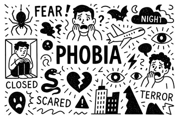 phobia concept with fearful faces, spiders, snakes and ghost doodle icons, Transparent Background