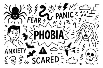phobia concept with fearful faces, spiders, snakes and ghost doodle icons, Transparent Background
