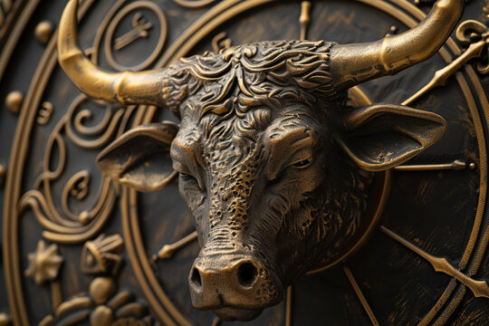 Concept of Taurus zodiac sign symbol, abstract vivid composition consists of fictional unreal fantastic vision on background