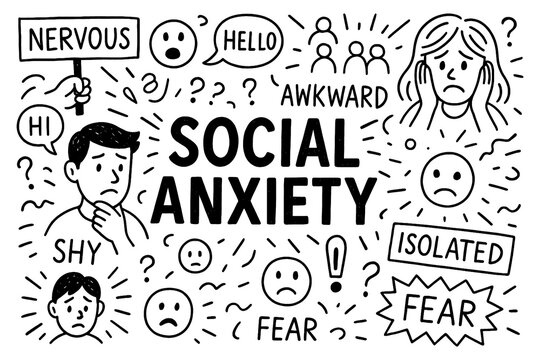 social anxiety concept with nervous faces, avoidance symbols and doodle style icons, Transparent Background