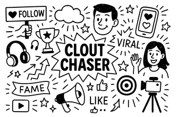 clout chaser concept with viral icons, followers and attention seeker doodle style, Transparent Background