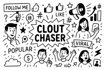 clout chaser concept with viral icons, followers and attention seeker doodle style, Transparent Background