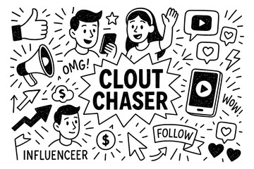 clout chaser concept with viral icons, followers and attention seeker doodle style, Transparent Background