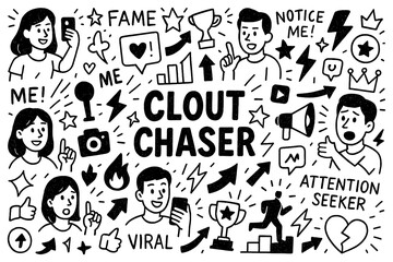 clout chaser concept with viral icons, followers and attention seeker doodle style, Transparent Background