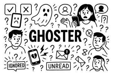 ghosting concept with sad faces, broken heart phone and unread messages doodle style, Transparent Background