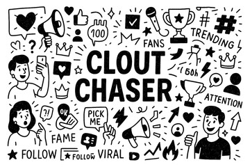 clout chaser concept with viral icons, followers and attention seeker doodle style, Transparent Background