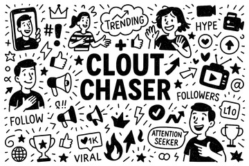 clout chaser concept with viral icons, followers and attention seeker doodle style, Transparent Background