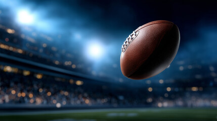 Close-up of a football flying across a brightly lit stadium during an NFL match, representing determination, competition, and the thrill of the game. football in motion, NFL action