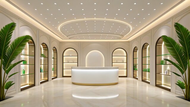 Luxury modern interior with white reception desk and decorative plants
