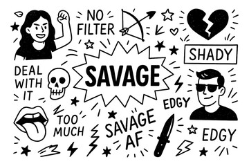 Savage doodle illustration with unfiltered attitude, bold roast, mic drop and ruthless expressions, Transparent Background