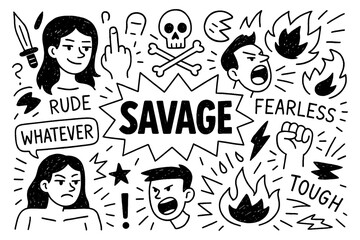 Savage doodle illustration with unfiltered attitude, bold roast, mic drop and ruthless expressions, Transparent Background