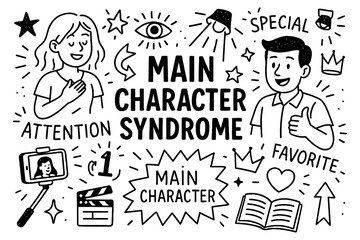 Main character syndrome doodle with self importance, spotlight, crown, social media and attention seeking symbols, Transparent Background