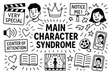 Main character syndrome doodle with self importance, spotlight, crown, social media and attention seeking symbols, Transparent Background