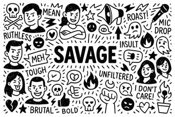 Savage doodle illustration with unfiltered attitude, bold roast, mic drop and ruthless expressions, Transparent Background