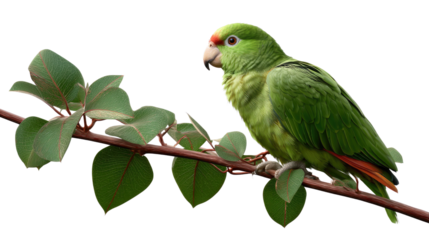 Amazon Parrot Perched: A vibrant amazon parrot with striking green plumage perches gracefully on a leafy branch, set against a background of pure natural beauty.