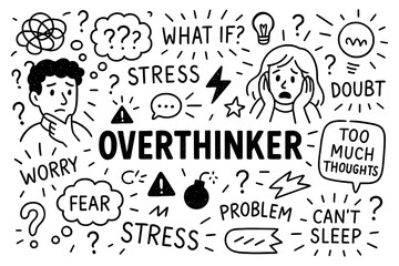 Overthinking doodle composition with anxious people, thoughts, symbols and stress elements, Transparent Background
