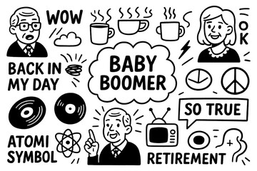 Baby boomer doodle with retro lifestyle icons, typewriter, vinyl, old telephone, milk bottle and vintage characters, Transparent Background