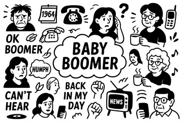 Baby boomer doodle with retro lifestyle icons, typewriter, vinyl, old telephone, milk bottle and vintage characters, Transparent Background