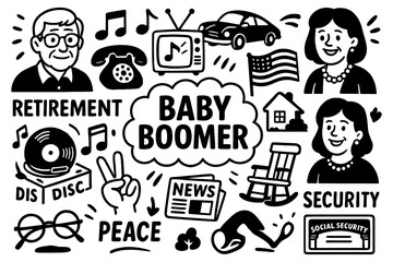Baby boomer doodle with retro lifestyle icons, typewriter, vinyl, old telephone, milk bottle and vintage characters, Transparent Background