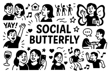 Social butterfly doodle with extrovert lifestyle, friends, parties, conversations and joyful activities, Transparent Background