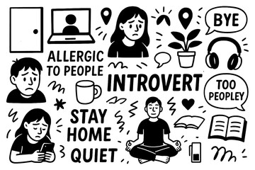 Introvert doodle with stay home, cancelled plans, personal space and quiet lifestyle symbols, Transparent Background