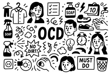 OCD doodle with cleaning, organization, repetitive thoughts, rituals and anxiety symbols, Transparent Background
