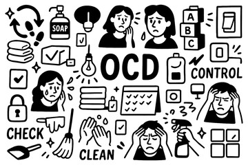 OCD doodle with cleaning, organization, repetitive thoughts, rituals and anxiety symbols, Transparent Background