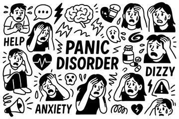 Panic disorder doodle with anxious faces, fear, stress, warning signs and mental health crisis symbols, Transparent Background