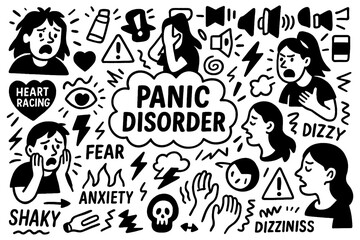 Panic disorder doodle with anxious faces, fear, stress, warning signs and mental health crisis symbols, Transparent Background