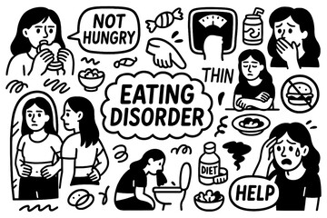 Eating disorder doodle with binge eating, guilt, dieting, body weight and unhealthy food symbols, Transparent Background