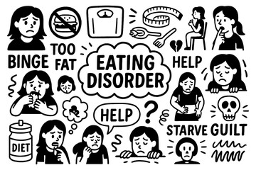Eating disorder doodle with binge eating, guilt, dieting, body weight and unhealthy food symbols, Transparent Background
