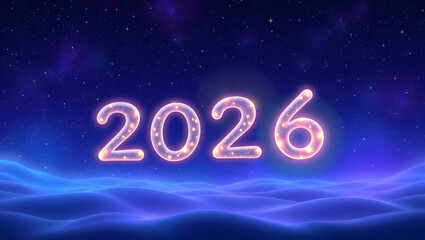 Cartoon cosmic glowing 2026 floating in stars, dreamy galaxy gradient background
