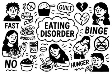Eating disorder doodle with binge eating, guilt, dieting, body weight and unhealthy food symbols, Transparent Background