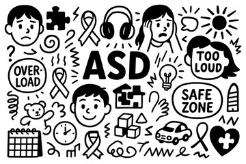 Autism spectrum disorder doodle with routine, special interests, social challenges and sensory overload symbols, Transparent Background
