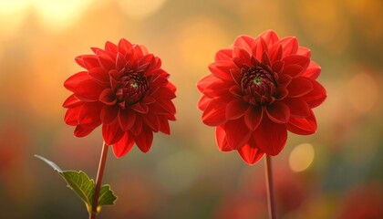 Two vibrant red dahlias stand out against a soft, golden-hued backdrop, showcasing detailed petals and delicate leaves in a serene and beautiful garden scene.